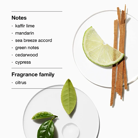 Image 1 - An image displaying ingredients for a fragrance on white plates, featuring a slice of kaffir lime and sticks of cinnamon on one plate, and green leaves on another plate, with visible text listing notes like kaffir lime, mandarin, sea breeze accord, green notes, cedarwood, cypress, and the fragrance family as citrus.
Image 2 - A glass perfume bottle with an orange hue and a silver cap, labeled clinique happy. FOR MEN, next to text reading Cool and crisp with a hint of a citrusy scent.