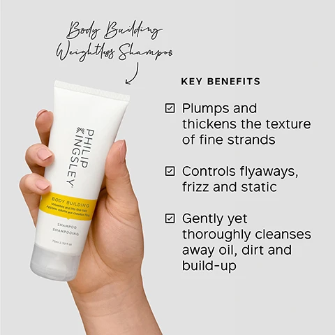 Image 1 - A hand holds a white tube of Philip Kingsley Body Building Shampoo beside text that reads Body Building Weightless Shampoo KEY BENEFITS Plumps and thickens the texture of fine strands Controls flyaways frizz and static Gently yet thoroughly cleanses away oil dirt and build-up. Image 2 - Image shows a hand holding a white tube of Philip Kingsley Moisture Balancing Combination Conditioner with text PHILIP KINGSLEY MOISTURE BALANCING Rebalances medium and longer fine hair Rééquilibre l’hydratation des cheveux mixtes CONDITIONER APRÈS-SHAMPOOING 75ml 2.53 fl oz and listing KEY BENEFITS Lightweight yet deeply conditioning Reduces breakage Anti-static formula adds shine and strength. Image 3 - A hand holds a tube of Philip Kingsley Elasticizer pre-shampoo treatment, with text on the image reading Elasticizer Pre-Shampoo Treatment, KEY BENEFITS, CLINICALLY PROVEN to reduce breakage after one use, The solution to STRONGER, FRIZZ-FREE hair, INTENSELY HYDRATES brittle hair and BOOSTS SHINE, PHILIP KINGSLEY, ELASTICIZER, Adds elasticity and bounce, Apporte élasticité et tonus, DEEP-CONDITIONING TREATMENT, TRAITEMENT REVITALISANT, EN PROFONDEUR, 75ml 2.53 fl oz, ^REDUCTION IN BREAKAGE AFTER ONE USE - INDEPENDENT INSTRUMENTAL TEST. Image 4 - A before and after image shows frizzy hair on the left transforming into smooth hair on the right, with a tube of product in the center displaying the text BEFORE AFTER PHILIP KINGSLEY ELASTICIZER Adds elasticity and bounce Apporte élasticité et tonus DEEP-CONDITIONING TREATMENT TRAITEMENT REVITALISANT EN PROFONDEUR 75ml 2.53 fl oz. Image 5 - Items are shown in a grey tray with overlaid text and arrows: Step 1 Pre-shampoo treatment, Step 2 Shampoo, Step 3 Conditioner, plus text including PHILIP KINGSLEY, ELASTICIZER DEEP-CONDITIONING TREATMENT TRAITEMENT REVITALISANT EN PROFONDEUR 75ml 2.53 fl oz, BODY BUILDING SHAMPOO SHAMPOING 75ml 2.53 fl oz, MOISTURE BALANCING CONDITIONER APRES-SHAMPOING 75ml 2.53 fl oz, GENTLE MONSTER, PASSPORT BOARDING PASS.