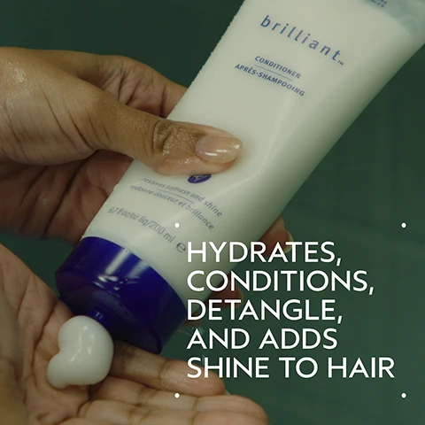 Image 2 - A hand squeezes a white tube of Brilliant brand conditioner, labeled CONDITIONER, APRÈS-SHAMPOOING, restores softness and shine, redonne douceur et brillance, 6.7 fl oz liq / 200 ml e, dispensing a dollop into the palm, with overlay text stating HYDRATES, CONDITIONS, DETANGLE, AND ADDS SHINE TO HAIR. Image 3 - A split image shows a smiling woman, on the left labeled BEFORE, she has voluminous, dark curly hair with text below stating Unwashed Hair, and on the right labeled AFTER, she has smooth, straight, dark hair, with text below explaining Results with Brilliant Shampoo, Conditioner, Damage Control Retexturing Gel, Anti-Humectant Pomade and Medium Hold Hair Spray and Smooth Infusion™ Perfectly Sleek Styling Crème. Blow dried with brush. Image 4 - A dark green image features a circular cutout displaying pink rose petals, a white jasmine flower, and cloves, with the text Blissful Pure-Fume Aroma and An aromatic blend with jasmine, rose, certified organic clove and other pure flower and plant essences. Image 5 - A four-step guide on a dark green background titled HOW TO USE, showing hands washing hair with lather for 01 CLEANSE Brilliant™ Shampoo, hands squeezing conditioner from a tube into a palm for 02 CONDITION Brilliant™ Conditioner, a person spraying product onto wet curly hair for 03 PREP Brilliant™ Damage Control, and a collection of Aveda hair styling products for 04 STYLE Brilliant™ Anti-Humectant Pomade and Medium Hold Hair Spray and Smooth Infusion™ Perfectly Sleek. Image 6 - A textured swirl of thick white cream is presented on a white background, casting a soft grey shadow. Image 7 - A split image shows a woman with dark curly hair: on the left, labeled BEFORE, her unwashed hair is frizzy and undefined; on the right, labeled AFTER, her hair is smooth, defined, and styled, with the text Results with Brilliant Shampoo, Conditioner, Damage Control, Retexturing Gel, Humectant Pomade, Hair Spray, and Wooden Paddle Brush. Blow dried with diffuser attachment. Image 8 - Three white certification logos, 100% VEGAN, Certified B Corporation, and Cruelty Free INTERNATIONAL, are displayed against a background of dark green tropical leaves with lighter green stripes and a hint of a red plant stalk.
