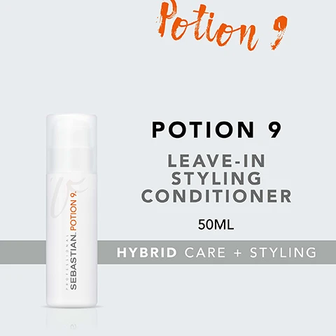 Image 2 - Image of a white cosmetic bottle labeled Potion 9 Leave-In Styling Conditioner, which has a capacity of 50ML, with the words Hybrid Care + Styling displayed beneath.
Image 3 - Image of a bottle of Sebastian Professional Potion 9 hair product with the following text: Protect and enhance manageability, Help restore hairs natural condition, Renew shine.
Image 4 - Image shows a person with curly hair on the left labeled BEFORE and straight, sleek hair on the right labeled AFTER with a small note at the bottom: AFTER APPLICATION AND STYLING.
Image 5 - Image showing instructions on how to use a product with three steps: apply to hair, blow-dry, or air-dry for silky looks.
Image 7 - An arrangement of jojoba seeds, green olives, and safflower flowers on a black background, with the text JOJOBA, SAFFLOWER & OLIVE OIL displayed prominently above.