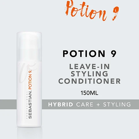 Image 2 - A bottle of Sebastian Potion 9 leave-in styling conditioner is displayed with the text Potion 9 at the top, LEAVE-IN STYLING CONDITIONER below it, 150ML beneath that, and HYBRID CARE + STYLING at the bottom.
Image 3 - Image of a bottle of Sebastian Potion 9 leave-in conditioner with three checkmarks listing benefits: leave-in conditioner and styling cream, help restore hairs natural condition, and versatile styling, flexible hold.
Image 4 - A person with curly hair is shown on the left side labeled BEFORE, while the right side features straightened hair labeled AFTER* with text below that reads *AFTER APPLICATION AND STYLING.
Image 5 - Image shows instructions for hair care with icons; text reads HOW TO USE, APPLY TO HAIR, BLOW-DRY, OR AIR-DRY FOR SILKY LOOKS.
Image 7 - An arrangement of jojoba seeds, safflower flowers, and olive fruits on a black background with the text JOJOBA, SAFFLOWER & OLIVE OIL.