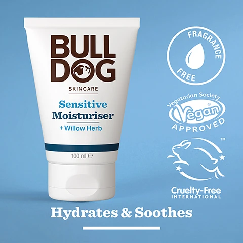 Image 2 - A tube of Bulldog Skincare Sensitive Moisturiser for men with visible text stating Sensitive Moisturiser + Willow Herb, 100 ml, and icons indicating Fragrance Free, Vegan Approved, and Cruelty-Free International, against a light blue background, with the phrase Hydrates & Soothes at the bottom.
Image 3 - A close-up image of dried herbal ingredients with the text 94% Natural Origin, Unlock the true potential of natural origin ingredients, and Willow Herb prominently displayed.
Image 4 - A person holding a tube of Bulldog Sensitive Moisturiser with the label that reads Sensitive Skin and information about the products benefits.
Image 5 - A tube of Bulldog Skincare Sensitive Moisturiser with Willow Herb is placed on a bathroom countertop, featuring the text 100 ml and details about the tubes composition, stating it contains over 27% sugarcane and 62% PCR plastic, with a logo indicating it is made from a recycled tube.
Image 6 - Three Bulldog Skincare products are displayed, including Sensitive Face Scrub, Sensitive Moisturiser, and Sensitive Face Wash, with text that reads Gently Cleanses & Hydrates.