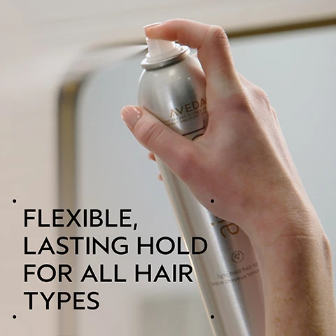 Image 2 - A hand sprays a silver Aveda hairspray can, which reads AVEDA THE ART AND SCIENCE OF PURE FLOWER AND PLANT ESSENCES light hold hair spray laque cheveux tenue légère, with overlaying text stating FLEXIBLE, LASTING HOLD FOR ALL HAIR TYPES. Image 3 - A dark green background features a large central white circle showcasing an abstract image of blue-green and purple floral shapes, accompanied by white text reading FORMULATED WITHOUT and ANIMAL DERIVED INGREDIENTS, SILICONES, MINERAL OIL, SLS, SLES, SYNTHETIC FRAGRANCE, PARABENS, PHTHALATES, PETROLATUM, PARAFFIN, & FORMALDEHYDE DONORS, with small white dots in the top left and bottom right corners. Image 4 - A before and after image displays a woman with long, reddish-blonde hair; the left panel, labeled BEFORE and Unwashed Hair, shows her hair as wavy and appearing unwashed, while the right panel, labeled AFTER, shows her hair smooth, straight, and shiny, with text below stating Results with Cherry Almond Softening Shampoo and Conditioner, Speed of Light Blow Dry Accelerator, Thickening Tonic, Botanical Repair™ Bond-Building Styling Crème, and Air Control Light Hold Hair Spray. Blow dried with Wooden Paddle Brush. Image 5 - Three clear, rounded drops of liquid are displayed against a white background. Image 6 - A four-step hair care routine shown with circular images on a dark green background, starting with someone washing blonde hair, then squeezing conditioner from a bottle into a hand, then a hand spraying a hair product, and finally a collection of styling products and a paddle brush on a tray, with the visible text: HOW TO USE 01 CLEANSE Cherry Almond Softening Shampoo 02 CONDITION Cherry Almond Conditioner 03 PREP Speed of Light Blow Dry Accelerator 04 STYLE Thickening Tonic, Botanical Repair™ Bond-Building Styling Crème, Air Control Light Hold Hair Spray & Wooden Paddle Brush. Image 7 - Three white certification logos are displayed against a backdrop of dark green plant leaves with lighter green stripes, featuring the text 100% VEGAN, Certified B Corporation, and Cruelty Free INTERNATIONAL.