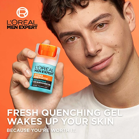 Image 2 - A young man with light brown hair smiles while holding a bottle of LOréal Men Expert Hydra Energetic Anti-Fatigue Gel in front of a bright orange background, with text that reads fresh quenching gel wakes up your skin because you’re worth it.
Image 3 - A young man with short, curly hair is smiling while applying a clear gel-cream to his cheek, with text on the image that reads A FRESH QUENCHING GEL-CREAM, NON-STICKY, NON-GREASY, PENETRATES INSTANTLY, and NO RESIDUE ON THE SKIN.
Image 4 - Image shows two close-up views of skin textures, one darker and one lighter, with a clear gel applied to both; the background is orange and text reads SUITABLE FOR ALL SKIN TYPES and SUITABLE FOR SENSITIVE SKIN.
Image 5 - A young man with short dark hair is smiling against an orange background, with labels pointing to areas of concern for skin fatigue, including dullness, loss of firmness, dark circles, and roughness; the text reads FIGHT THE SIGNS OF FATIGUE.
Image 6 - Image shows two skincare products from LOréal Men Expert, one tube of Hydra Energy Face Wash and one bottle of Hydra Energetic Quenching Gel, with text promoting the Hydra Energy Anti-Fatigue Routine, highlighting features of cleansing and moisturizing.