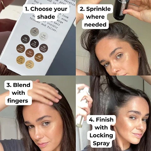image 1, choose your shade. 2 = sprinkle where needed. 3 = blend with finger. 4 = finish with locking spray. image 2, swatches of grey, white, black, dark brown, medium brown, light brown, auburn, cinnamon, dark blonde, light blonde. image 3 and 4, before and after.