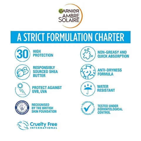 A strict formulation charter. 30 high protection. responsibly sourced shea butter. protect against UBV and UVA. recognised by the british skin foundation. cruelty free international. non greasy and quick absorption. anti dryness formula. water resistant. tested under dermatological control.