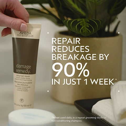 Image 2 - A hand holds a tube of Aveda damage remedy daily hair repair product in front of a green plant, with overlaid text that reads Repair reduces breakage by 90% in just 1 week* and *When used daily, in a repeat grooming study vs non-conditioning shampoo. Image 3 - A before and after image shows a woman with long, wavy red hair: on the left, her hair appears flat and less defined; on the right, it is voluminous and well-defined, with visible text that reads BEFORE, AFTER, Unwashed Hair, and Results with Damage Remedy™ Restructuring Shampoo and Conditioner, Daily Hair Repair, Volumizing Tonic and Light Elements™ Defining Whip. Blow dried with diffuser attachment. Image 4 - A stack of three macadamia nuts, one cracked open to reveal the kernel, with oil dripping down them, set against a circular off-white background framed by dark green, accompanied by the text QUINOA, MACADEMIA, AND SOY BLEND and HELPS SMOOTH AND NOURISH HAIR. Image 5 - A smooth, glossy, light yellow cream or lotion is swirled on a white background, bordered by a dark green frame. Image 6 - The image presents a four-step hair care routine guide on a dark green background, showing circular photos for each stage: a person shampooing their hair, conditioner being squeezed into a hand, a hand reaching for a tube of hair repair, and a hand holding a volumizing tonic spray bottle, along with the text How to Use, 01 Cleanse Damage Remedy Restructuring Shampoo, 02 Condition Damage Remedy Conditioner, 03 Treat Damage Remedy Daily Hair Repair, 04 Style Volumizing Tonic and Light Elements Defining Whip. Image 7 - Three white certification logos are displayed against a background of green leaves and a red plant, reading 100% VEGAN, Certified B Corporation, and Cruelty Free INTERNATIONAL.
