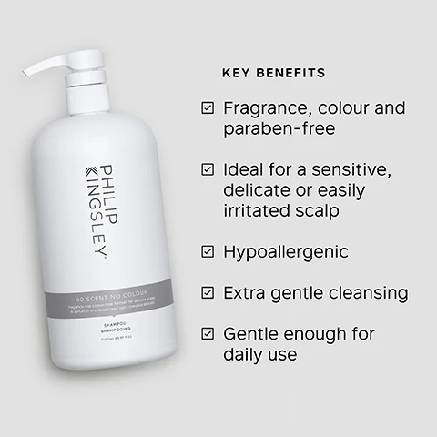 Image 1 - A white shampoo bottle labeled PHILIP KINGSLEY with a pump top displays key benefits including fragrance, colour and paraben-free, ideal for a sensitive scalp, hypoallergenic, extra gentle cleansing, and gentle enough for daily use.
Image 2 - A smiling woman with curly hair is shown, and the image includes the text: I love this product as I have fragrance allergies it is a must for me. GENTLE yet CLEANSING and leaves my hair SOFT, MANAGEABLE and SHINY. CUSTOMER REVIEW.
Image 3 - A white bottle of shampoo with a pump top labeled PHILIP KINGSLEY NO SCENT NO COLOUR alongside text stating KEY INGREDIENTS and GLYCERIDES Deliver moisture to the source, whilst improving manageability.
Image 4 - A comparison image showing two women’s long reddish-brown hair from the back, with the left side labeled Before showing straight, slightly frizzy hair and the right side labeled After displaying shiny, voluminous, and wavy hair.
Image 5 - A creamy white foam is shown with the text: TRICHOLOGIST TIP Wet hair and lather well with a gentle kneading of the scalp for 60 seconds.