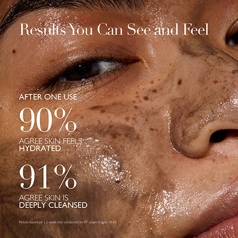 Image 1 - Close-up of a persons face showing skin with a wet, exfoliating product applied, with text stating Results You Can See and Feel, After one use, 90% agree skin feels hydrated, 91% agree skin is deeply cleansed, and tiny print at the bottom indicating results based on a trial with 87 subjects aged 18-65.
Image 2 - Image shows a turquoise background with three ingredient descriptions: Hungarian Moor Mud, Squalane, and Plum Almond and Apricot Kernel Oils, each accompanied by circular images of the ingredients, along with a footer text that reads Powered by The Healing Concentrate™.