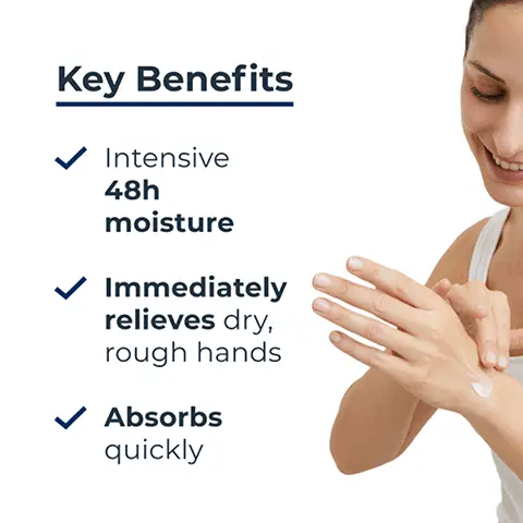 Image 1 - A woman is applying lotion to her hands with a smile, and the image includes text listing key benefits: Intensive 48h moisture, Immediately relieves dry, rough hands, Absorbs quickly.
Image 2 - A hand holding a tube of Eucerin Urea Repair hand cream with text on the right that reads Dry, rough skin, Moisturising, and For hands.
Image 3 - A close-up of a smooth, white cream with text labeling its ingredients, including 5% Urea, Ceramides, and Natural Moisturisers.
Image 4 - Image features a blue background with the text Clinically proven, Reduction of skin dryness and roughness, and a note about clinical grading and instrumental measurements.
Image 5 - Image shows three personal care products from Eucerin: a shower gel labeled as SHOWER GEL, a lotion labeled 10% LOTION, and a hand cream labeled HAND CREAM, with the heading Recommended Routine at the top.