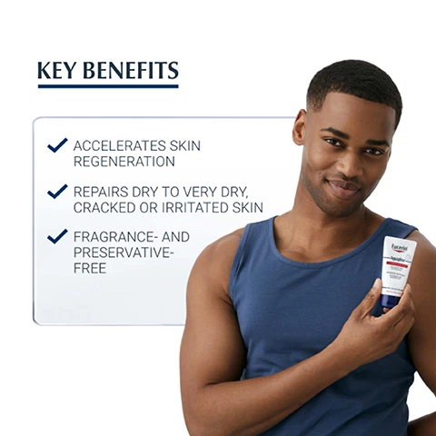 Image 1 - A smiling man wearing a blue tank top holds a tube of Eucerin skin care product, with text on the left side listing key benefits: accelerates skin regeneration, repairs dry to very dry, cracked or irritated skin, fragrance- and preservative-free.
Image 2 - A hand holds a tube of Eucerin Aquaphor healing ointment, with text on the side displaying ROUGH / CRACKED / DRY SKIN, MOISTURIZING, and NON-COMEDOGENIC.
Image 3 - A close-up image of a creamy substance with a dark blue background displaying text that states clinically proven results with 93% of experts and 91% of patients/consumers confirming good or very good improvement of skin condition.
Image 4 - Image shows two Eucerin Aquaphor products: a tube of Healing Ointment labeled Soothing Skin Balm and a spray labeled Body Ointment Spray, with the text DISCOVER MORE at the top.
Image 5 - An image showing a close-up of a creamy texture with labels indicating key ingredients: Panthenol, Glycerin, and Bisabolol, along with their descriptions regarding skin benefits.