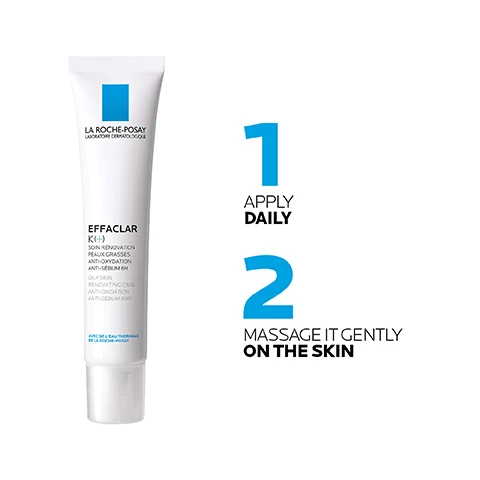 Image 1 - A tube of La Roche-Posay Effaclar K(+) skin renovation treatment for oily skin is displayed beside instructions that read: 1 APPLY DAILY 2 MASSAGE IT GENTLY ON THE SKIN.
Image 2 - Image shows two sections highlighting key dermatological ingredients: on the left is an illustration of Salicylic Acid with the text SALICYLIC ACID, and on the right is an illustration of Carnosine & Vitamin E Complex with the text CARNOSINE & VITAMIN E COMPLEX, while at the bottom is the text KEY DERMATOLOGICAL INGREDIENTS.