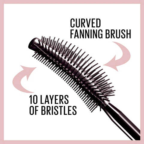Image 1 - A close-up of a black curved mascara brush with numerous bristles, accompanied by two pink arrows and text that reads Curved Fanning Brush 10 Layers of Bristles. Image 2 - A cosmetic product advertisement features a golden oil dropper and a black brush stroke, with text that reads ROSE-HIP OIL INFUSED FORMULA, SOFT & SUPPLE FEEL, and FANNED OUT VOLUME.
