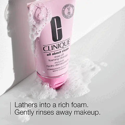 Image 1, CLINIQUE all about clean rinse-off foaming cleanser mousse hydro-démaqu COMBINATION OY MOTE A GRASSE Lathers into a rich foam. Gently rinses away makeup. Image 2, Hyaluronic acid Glycerin Image 3, Free of x fragrance X gluten x oil X drying alcohol X X sodium lauryl sulfate sodium laureth sulfate