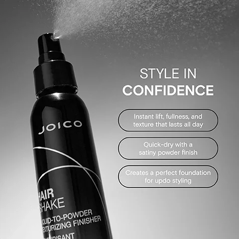 Image 2 - A black spray bottle of Joico Hair Shake spraying product is shown with text STYLE IN CONFIDENCE Instant lift, fullness, and texture that lasts all day Quick-dry with a satiny powder finish Creates a perfect foundation for updo styling visible.