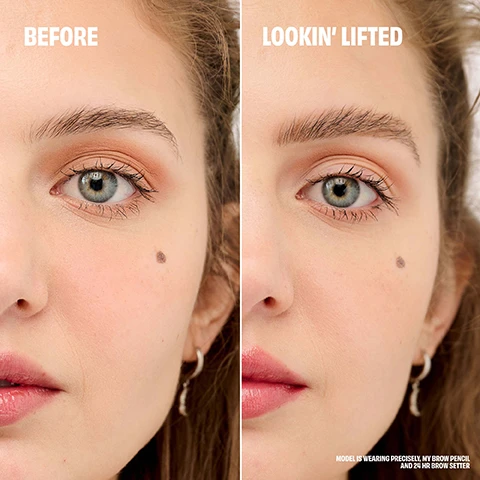 Image 1 - Image shows a side-by-side comparison of a womans face; the left side labeled Before shows a natural eyebrow shape, while the right side labeled LOOKIN LIFTED displays a more defined brow, with a beauty product mention below stating MODEL IS WEARING PRECISELY, MY BROW PENCIL AND 24 HR BROW SETTER.
Image 2 - An image of a dual-sided brow wand on a pink background, with text highlighting features: Dual-sided wand lifts & locks brows in place, 24-hour staying power, Quick dry & mess-free.