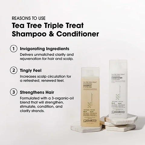 An image shows two hair care products, labeled Tea Tree Triple Treat Shampoo and Conditioner, with three accompanying bullet points highlighting their benefits: invigorating ingredients, tingly feel, and strengthens hair, along with descriptions for each benefit.