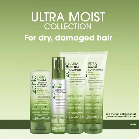 Image of Giovannis Ultra Moist Collection, featuring four hair care products including a deep moisture hair mask, shampoo, conditioner, and a dual-action leave-in spray, with the text above stating ULTRA MOIST COLLECTION For dry, damaged hair and additional details about the products.