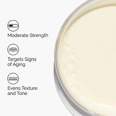 Image 1 - A clear container filled with light yellow liquid is shown on the right, while on the left, three points describe product benefits: Moderate Strength, Targets Signs of Aging, and Evens Texture and Tone. Image 2 - A person with medium-brown skin applies a dewy product to her cheek near her eye, with three labels reading Hydrates, Evens Skin Tone, and Improves Fine Lines. Image 3 - An image on a white background shows text describing two key ingredients, Granactive Retinoid 2% (Hydroxypinacolone Retinoate) which improves the look of lines and evens skin texture and tone, and Tasmannia Lanceolata Fruit/Leaf Extract which soothes skin and reduces irritation, with each ingredient connected by a line to a swirling drop of light yellow emulsion. Image 4 - A product guide from The Ordinary titled How to Choose the Right Retinoid for You, shows six retinoid products each with details on type, texture, strength, and best use: Retinol 0.2% in Squalane, Oil-like Serum, Low Strength, Best for: The First-Time Retinoid User; Granactive Retinoid 2% Emulsion, Creamy Serum, Moderate Strength, Best for: The Occasional User; Retinol 0.5% in Squalane, Oil-like Serum, Moderate Strength, Best for: The Frequent User; Granactive Retinoid 5% in Squalane, Oil-like Serum, High Strength, Best for: The Advanced User; Retinol 1% in Squalane, Oil-like Serum, High Strength, Best for: The Advanced User; and Retinal 0.2% Emulsion, Creamy Serum, Our Strongest Retinoid, Best for: The Expert User.