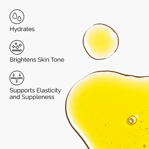 Image 1 - The image features three black line icons and their corresponding text descriptions on a white background, showing a water drop icon with Hydrates, a sparkling icon with Brightens Skin Tone, and an elasticity icon with arrows with Supports Elasticity and Suppleness, alongside several drops of golden yellow liquid. Image 2 - A close-up of a persons face shows a hand gently touching their dewy cheek, with three overlay text boxes that read Brightens, Boosts Elasticity, and Balances Uneven Tone. Image 3 - The image shows amber-colored oil with many bubbles inside a container, with text stating: Key ingredient in 100% Organic Cold-Pressed Rose Hip Seed Oil: Rosa Canina Seed Oil, which Hydrates skin supporting elasticity and suppleness, and Balances the look of uneven skin tone. Image 4 - The image shows a three-step skincare regimen from The Ordinary, featuring a gray tube for Squalane Cleanser, two dropper bottles for Argireline Solution 10% and 100% Organic Cold-Pressed Rose Hip Seed Oil, and a gray tube for Natural Moisturizing Factors + HA, with the visible text: A daily regimen for age support and radiance. PREP Squalane Cleanser Cleanses skin and removes makeup. TREAT Argireline Solution 10% Targets the look of forehead, smile and 11 lines. 100% Organic Cold-Pressed Rose Hip Seed Oil Promotes more supple, radiant-looking skin. SEAL Natural Moisturizing Factors + HA Supports the skin barrier. Image 5 - The image shows two amber dropper bottles of The Ordinary Rose Hip Seed Oil with yellow oil splatters on a white background, under the title Pick Your Rose Hip Seed Oil: The left product is 100% Organic Cold-Pressed Rose Hip Seed Oil, which Brightens and balances uneven skin tone, Provides surface hydration, and Boosts elasticity and radiance; the right product is 100% Fermented Rose Hip Seed Oil, which Improves elasticity and firmness, Soothes visible redness, and Reduces fine lines and wrinkles.