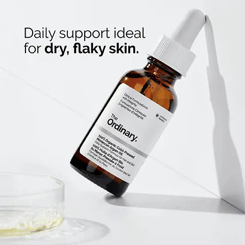 Image 1,Daily support ideal for dry, flaky sin. Image 2, 100% organic cold pressed moroccan argan oil, hydrates while supporting healthy looking skin. Image 3, Apply a few drops to the face once daily or as needed. Image 4, 1. Prep: cleaners and toners. 2.Treat: water based serums, eye serums, anhydrous and oils. 3. Seal: suspensions, moisturisers and SPF.