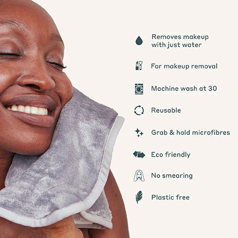 Image 1 - A smiling woman with medium-brown skin is holding a soft gray cloth against her face, with text to the right highlighting features like removes makeup with just water, for makeup removal, machine wash at 30, reusable, grab & hold microfibres, eco-friendly, no smearing, and plastic-free.
Image 2 - An illustration comparing dry and wet microfibre cleansing cloths, showing the texture differences with the labels DRY and WET at the bottom.