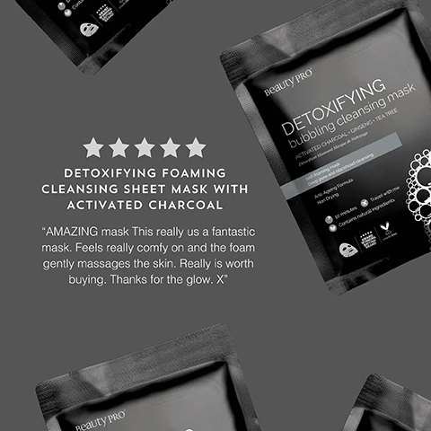 Image 1, customer review - amazing mask, this really is a fantastic mask. feels really comfy on and the foam gently massages the skin. really is worth buying, thanks for the glow. image 2, top tip = massage the mask pouch before opening to activate the ingredients and kickstart the bubbles. image 3, charcoal - draw out impurities. tea tree - calming and soothing properties. ginseng - calm redness and puffiness.