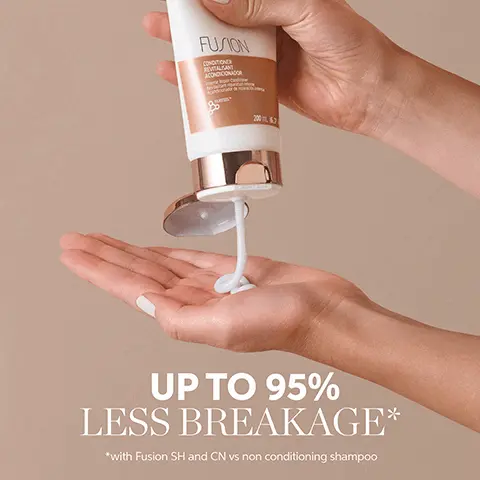 Image 1, FUSION CONDITIONER ACONDICIONADOR 200 UP TO 95% LESS BREAKAGE* *with Fusion SH and CN vs non conditioning shampoo Image 2, T Intense Repair WELLA Smoothness FUSION CONDITIONER ACCROCIONADOR Anti-breakage* METAL PURIFIER Metal Purifier *Due to combing and mechanical damage Image 3, BEFORE with non-conditioning shampoo FUSION with Fusion shampoo, mask and blow-dry Image 4, "GOOD CONDITIONER" I recommend this conditioner..... It has become a must for me. My hair is silkier* and much more beautiful than before.* - Flavie WELLA FUSION ACCIOCONACOR *vs. non-conditioning shampoo