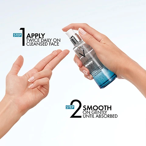 Image 1 - A hand holding a skincare spray bottle is shown next to a hand applying product onto the skin; visible text includes STEP 1 APPLY TWICE DAILY ON CLEANSING FACE and STEP 2 SMOOTH ON GENTLY UNTIL ABSORBED.
Image 2 - A woman and a man are shown side by side, with each applying a skincare serum on their faces, and the text below reads HYDRATES PLUMPS BOOSTS RADIANCE.
Image 3 - Image shows bubbles representing hyaluronic acid on the left, and a textured surface resembling minerals on the right, with the text hyaluronic acid + millions of minerals above and hydrates & plumps skin strengthens skin barrier below.
Image 4 - Image of a Vichy skincare product bottle labeled MINERAL 89 with a blue gradient design, accompanied by visible text stating HYPOALLERGENIC. TESTED BY DERMATOLOGISTS. FOR ALL SKIN TYPES. and a circular logo from the British Skin Foundation.
Image 5 - A skincare routine illustration showing three products labeled as step 1 strengthen, step 2 moisturize, and step 3 protect, featuring Vichy Mineral 89 Boosting Serum, Mineral 89 72H Moisture Boosting Cream, and Mineral 89 SPF 50+ Daily Fluid.