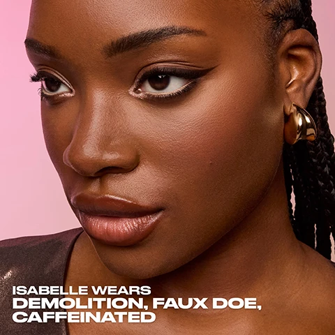 Image 1 - Close-up portrait of a woman with braided hair, wearing bold makeup with a glossy lip, against a pink background, featuring the text Isabelle Wears Demolition, Faux Doe, Caffeinated.
Image 2 - Close-up of a young woman with long, dark hair and brown eyes, wearing a silver earring and natural makeup, with the text ZOE WEARS COOL COYOTE, TOOTSIE.