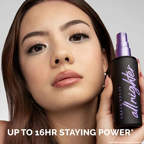 Image 1 - Close up of a woman holding a black spray bottle near her face with text URBAN DECAY allnighter UP TO 16HR STAYING POWER* *CONSUMER TEST WITH 50 PARTICIPANTS. Image 2 - A woman excitedly holds an Urban Decay All Nighter setting spray bottle next to her face, with overlay text stating WATERPROOF SMUDGEPROOF TRANSFER-RESISTANT. Image 3 - A woman sprays mist from a bottle onto her face with text reading MICRO-FINE MIST FOR AN EVEN APPLICATION. Image 4 - Four Urban Decay All Nighter setting spray bottles are shown on concrete blocks labeled DEWY URBAN DECAY all nighter EXTRA GLOW MATTE URBAN DECAY all nighter ULTRA MATTE THE OG URBAN DECAY all nighter LONG LASTING MAKEUP SETTING SPRAY HYDRATING URBAN DECAY all nighter VITAMIN C CACTUS FLOWER WATER LONG LASTING MAKEUP SETTING SPRAY ALL DAY WEAR 118 ml / 40 fl oz. Image 5 - Three black bottles of Urban Decay All Nighter setting spray in increasing size, labeled Travel Size 30ML, Full Size 118ML, and Jumbo Size 240ML, with visible text URBAN DECAY all nighter LONG LASTING MAKEUP SETTING SPRAY.