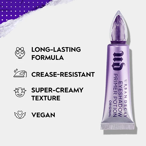 Image 1 - A purple tube of Urban Decay Eyeshadow Primer Potion Original with the UD logo is shown next to text listing features: LONG-LASTING FORMULA, CREASE-RESISTANT, SUPER-CREAMY TEXTURE, VEGAN. Image 2 - A side by side image shows a closed eye with creased purple eyeshadow labeled WITHOUT next to a closed eye with smooth purple eyeshadow labeled WITH with the text PREVENTS CREASING above. Image 3 - A tube of Urban Decay Eyeshadow Primer Potion Original is shown next to a swatch and applicator, with the text UD URBAN DECAY EYESHADOW PRIMER POTION ORIGINAL SUPER CREAMY TEXTURE. Image 4 - Three pairs of closed eyes show eyeshadow looks including a purple gradient, iridescent purple, and yellow comparison labeled WITHOUT and WITH.