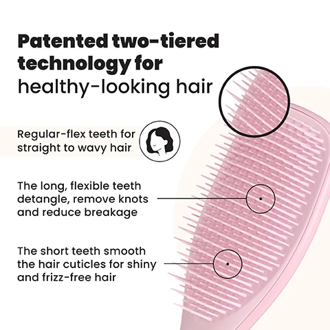 Image 1 - The image shows a pink hairbrush with two-tiered bristles, accompanied by text explaining its features: Patented two-tiered technology for healthy-looking hair. Regular-flex teeth for straight to wavy hair. The long, flexible teeth detangle, remove knots and reduce breakage. The short teeth smooth the hair cuticles for shiny and frizz-free hair. Image 2 - A smiling woman with wavy dark hair holds a pink hairbrush to her head; text reads Regular-flex teeth for straight to wavy hair. Image 3 - A light pink hairbrush is displayed with five features listed alongside corresponding icons: Less breakage for smooth & healthy looking hair, Quick & effortless detangling, Ideal for wet or dry hair, Smooths frizz & flyaways, and Brush through treatments. Image 4 - A split image shows a womans blonde hair from the back, with the left side labeled BEFORE depicting tangled hair and the right side labeled AFTER showing smoother hair, alongside text stating 75% experienced no tugging, pulling or pain when brushing*, 80% agree that they have fewer knots and tangles*, and *120 UK respondents aged 16-40 after 2 weeks (2017). Image 5 - A diagram displays three hairbrush sizes, Mini, Regular, and Large, each with dimensions and recommended hair types: Mini (15.5cm by 5.3cm) for Fine and Straight - Wavy hair; Regular (21.1cm by 6.6cm), shown as a pink brush labeled For daily detangling, for Fine, Straight - Wavy, and Curly - Coily hair; and Large (23.6cm by 7.9cm) for Fine, Straight - Wavy, Thick & Long, and Curly - Coily hair.
