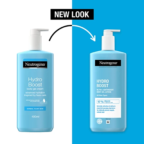 Image 1 - Image showing two bottles of Neutrogena Hydro Boost products, one labeled as body gel cream and the other as ultra lightweight body gel lotion, with the text NEW LOOK at the top.
Image 2 - A close-up of a hand applying lotion to the skin of a leg, with the text INSTANTLY ABSORBS ABSORBS LETTING YOU GET DRESSED IMMEDIATELY overlaid in bold and colorful fonts.
Image 3 - Image shows instructions for using a recyclable pump on Neutrogena products, with steps labeled as 1. UNLOCK, 2. TURN, and 3. PRESS, including additional text describing each step.
Image 4 - Image shows a blue background with a creamy white product on one side, a droplet symbol with lines above it, and text that reads Hyaluronic Acid and Skins Super Hydrator That Locks In Hydration.
Image 5 - Image of blue water droplets with text stating 90% felt their skin was noticeably more supple, followed by self-assessment, 62 consumers, after 4 weeks twice a day use.
Image 6 - A bottle of Neutrogena Hydro Boost ultra lightweight body gel lotion is shown against a blue background, featuring text that reads new look clinically proven supple, radiant skin.