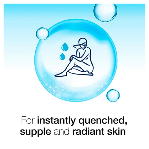 Image 1 - A stylized illustration of a person sitting inside a blue bubble with water droplet icons, accompanied by the text For instantly quenched, supple and radiant skin.
Image 2 - A blue droplet with a molecular structure icon is centered inside a large blue bubble, with the text Enriched with hyaluronic acid displayed below.
Image 3 - A blue bubble contains a stylized water droplet design, with the text On-the-go advanced hydration below it.