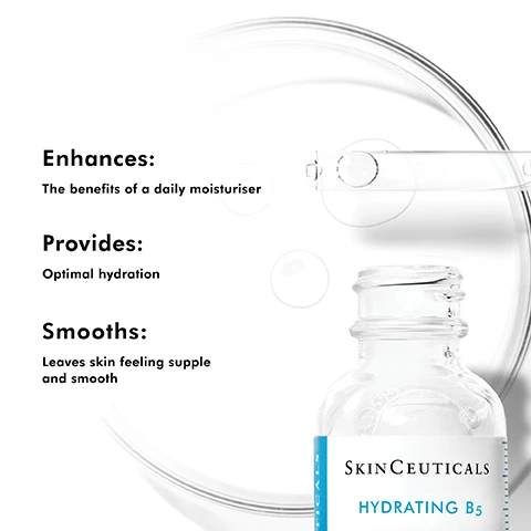 Image 1 - A clear bottle of SkinCeuticals Hydrating B5 serum is shown with a dropper dispensing liquid, accompanied by text that highlights its benefits: enhances the benefits of a daily moisturiser, provides optimal hydration, and smooths leaving skin feeling supple and smooth.
Image 2 - Close-up of a womans face with a dropper applying a serum on her cheek, featuring text that reads Enhances radiance and leaves skin feeling supple and smooth.
Image 3 - Image showing a skincare regimen with four steps labeled as prevent, moisturise, correct, and protect, featuring products: C E Ferulic, Hydrating B5, Triple Lipid Restore 2:4:2, and Ultra Facial Defense Sunscreen SPF 50.
