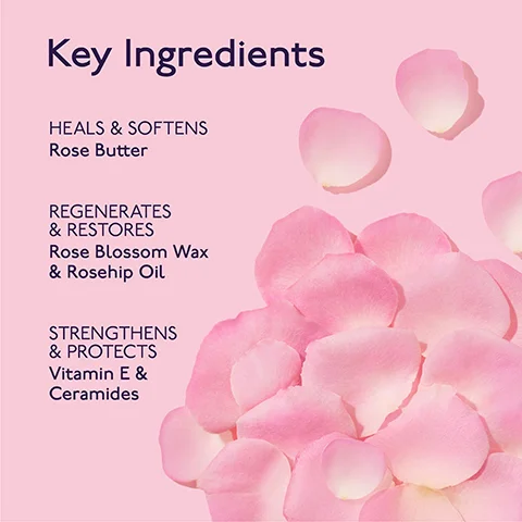 An image showing light pink rose petals scattered on a pink background with text describing Key Ingredients: HEALS & SOFTENS Rose Butter; REGENERATES & RESTORES Rose Blossom Wax & Rosehip Oil; STRENGTHENS & PROTECTS Vitamin E & Ceramides.