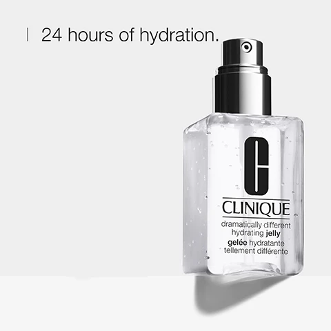 Image 1 - Image of a clear bottle of Clinique Dramatically Different Hydrating Jelly with a spray pump and visible text stating 24 hours of hydration, gelée hydratante, and tellement différente.
Image 2 - A close-up of a smooth, translucent gel on a white surface with visible text that reads Hyaluronic acid helps hydrate the skin.
Image 3 - An abstract background of white liquid with bubbles shows the words hydrate and strengthen accompanied by a water droplet and a weight icon.
Image 4 - A yellow background displays a table listing ingredients that the product is free of, including fragrance, oil, drying alcohol, sodium lauryl sulfate, and sodium laureth sulfate, each marked with an X.