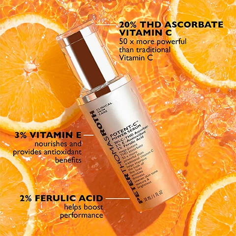 Image 1 - A bottle of Peter Thomas Roth Potent-C Power Serum sits in water with orange slices, with text reading 20% THD ASCORBATE VITAMIN C 50 x more powerful than traditional Vitamin C, 3% VITAMIN E nourishes and provides antioxidant benefits, 2% FERULIC ACID helps boost performance, CLINICAL SKIN CARE PETER THOMAS ROTH POTENT-C™ POWER SERUM 20% C-THD Ascorbate 3% E-Antioxidant 2% Ferulic Acid mega-potent THD ascorbate 50 x more powerful than traditional vitamin C helps improve the look of fine lines wrinkles firmness uneven skin tone texture & brightness 30 ML / 1 FL OZ. Image 2 - A bottle of Peter Thomas Roth Potent-C Power Serum and orange slices are shown on an orange background with the text THE POTENT-C™ DIFFERENCE ULTRA-STABLE FORMULA HIGHLY CONCENTRATED 20% THD ASCORBATE VITAMIN C BRIGHTENING & ANTI-AGING PETER THOMAS ROTH CLINICAL SKIN CARE POTENT-C™ POWER SERUM 20% C-THD Ascorbate 3% E-Antioxidant 2% Ferulic Acid mega-potent THD ascorbate 50 x more powerful than traditional vitamin C helps improve the look of fine lines, wrinkles, firmness, uneven skin tone texture & brightness 30 ML 1 FL OZ. Image 3 - The image shows a peachy background with orange text DEFY 7 SIGNS OF AGING above a dark grey numbered list: 1. FINE LINES 2. WRINKLES 3. UNEVEN TONE 4. LOSS OF BRIGHTNESS 5. LOSS OF FIRMNESS 6. UNEVEN TEXTURE 7. DEHYDRATION with a footnote Based on a 4-week consumer perception study on 33 women ranging in age from 49 to 65. Image 4 - Split image comparing a womans face before and after 1 week with text that says BEFORE, AFTER 1 WEEK*, Skin appears brighter and more even-toned., and *Unretouched photos. Individual results may vary. Image 5 - Before and after comparison images of a neck showing reduced wrinkles, with text reading DEFY SIGNS OF AGING IN 7 DAYS NECK BEFORE NECK AFTER 7 DAYS* *Unretouched photos. Individual results may vary. Image 6 - A split image shows a forehead with visible wrinkles labeled FOREHEAD BEFORE and the same forehead with reduced wrinkles labeled FOREHEAD AFTER 7 DAYS, with additional text DEFY SIGNS OF AGING IN 7 DAYS and Unretouched photos. Individual results may vary.