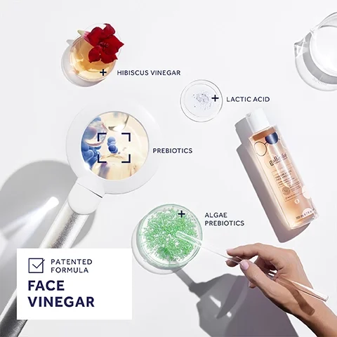 Image shows a flat lay of skincare ingredients including hibiscus vinegar, lactic acid, and algae prebiotics beside a magnifying glass focusing on blueberries, with the text PATENTED FORMULA FACE VINEGAR visible at the bottom.