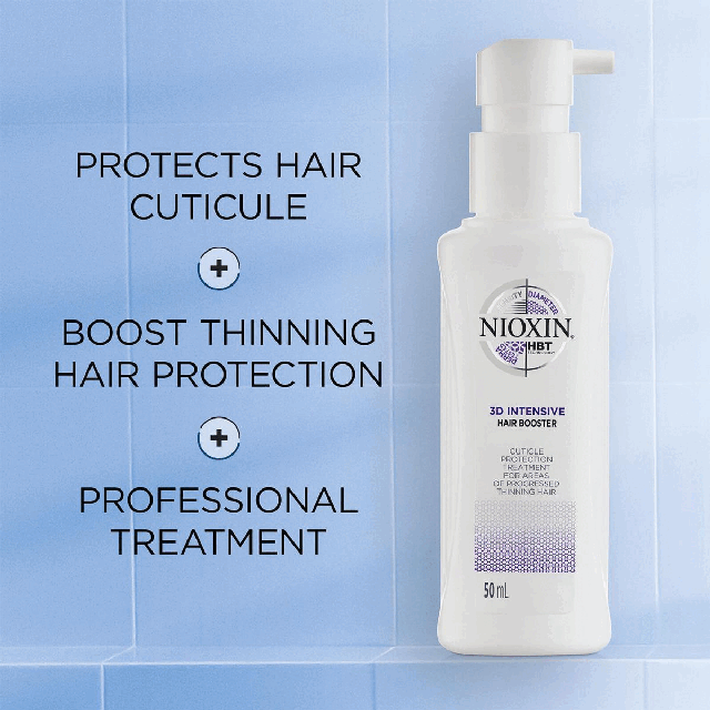 Protects hair cuticule + boost thinning hair protection + professional treatment. How to use Nioxin hair booster? Cuticule protection treatment 1. Use twice daily 2. Distribute with fingers from root to tips 3. Massage the roots on areas of advanced thinning hair. NIOXIN - Density, Diameter, Derm. NIOXIN the no1. salon brand for thicker, fuller hair. Booster Treatment 50ml