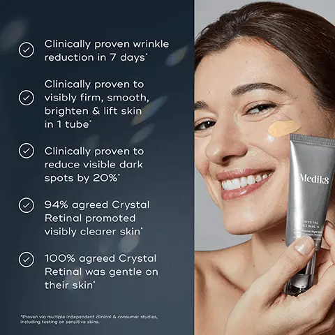 Image 1, Clinically proven wrinkle reduction in 7 daysClinically proven tovisibly firm, smooth,brighten & lift skinin 1 tubeClinically proven toreduce visible dark spots by 20%*94% agreed Crystal Retinal promoted visibly clearer skin100% agreed Crystal Retinal was gentle on their skinMedik8CRYSTAL*Proven via multiple independent clinical & consumer studies,including testing on sensitive skins. Image 2, BEFORE97%AFTER 1 TUBEof people felt their skin had a more youthful appearanceMediks Image 3, THE4PPsUNRIVALLED POTENCYThe closest thing to prescription-strength retinoic acid, without a prescriptionPATENTED STABILITY Market-leading stabilitytechnology for maximum retinal effectiveness until the last dropPROFESSIONALGRADE RESULTS Clinically proven wrinkle reduction in 7 daysPROGRESSIVE STRENGTHSUnique ladder of strengths delivers progressive age-defying results as your skin builds up toleranceMedik8CRYSTAL RETINAL &-Seth VProven vio independent HPLC stability testing in accelerated conditions.Proven via independent clinical studyon the Crystal Retinal ladder tested on 33 participants over 18 weeks. Image 4, BEFOREAFTER 1 TUBE9/10agree this is the best anti-ageing serum they have ever usedMediks Image 5, 5STRENGTH 20(O.20% RETINALDEHYDE)STRENGTH 10 (O.10% RETINALDEHYDE)PROGRESSIVE STRENGTHSFor experienced vitamin A usersFor advanced vitamin A usersSTRENGTH 6 (O.O6% RETINALDEHYDE)For regularvitamin A usersSTRENGTH 3 (0.03% RETINALDEHYDE)STRENGTH 1 (0.01% RETINALDEHYDE)For new vitamin A usersFor sensitive skin Image 6, PMHOW TO LAYER ADVICE:Always include a sunscreen in your morning routine the following day Image 7, THE CSA PHILOSOPHYRMedik8s clinically proven skincare approach that addresses 90% of anti-ageing skincare needs in just 3 simple steps.BRIGHTENS for glowing skinPROTECTSRENEWSfor youthful skinfor perfected skinMedik8+Medik8+MediksVITAMIN C ✡AMSUNSCREENVITAMIN A✡AMPM