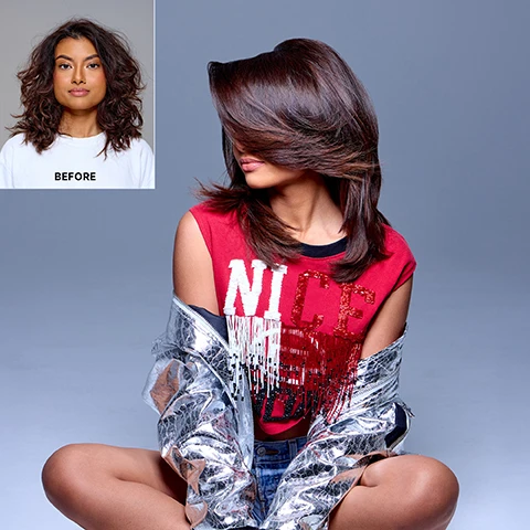 Image 1 - An image showing a before and after hair transformation, with the top left insert showing a woman with curly, shoulder-length hair and the text BEFORE, and the main image showing the same woman with long, sleek, dark hair styled to cover her face, wearing a red t-shirt with the text NICE and a silver jacket, sitting cross-legged. Image 2 - A close-up of dark, smooth hair with a dropper releasing a bead of liquid onto it, and other droplets visible on the hair surface, with the text Repels Moisture. Never before possible! Image 3 - A grid image titled WHICH DREAM COAT IS RIGHT FOR ME displays two sets of BEFORE and AFTER hair transformations with product details: the first set shows a woman with voluminous curly hair BEFORE and smooth straight hair AFTER, alongside text Choose EXTRA STRENGTH DREAM COAT FOR: Extremely dry, dehydrated or very curly/coily RESULTS: Smooth, humidity-resistant, frizz-free style that lasts; the second set shows a woman with wavy frizzy hair BEFORE and sleek shiny hair AFTER, alongside text Choose DREAM COAT SUPERNATURAL SPRAY FOR: Straight, wavy or curly but frizzy RESULTS: Smooth, humidity-resistant, frizz-free style that lasts.