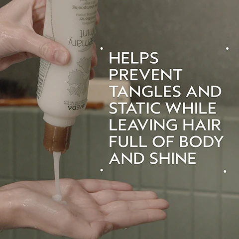 Image 2 - A hand squeezes an Aveda Rosemary Mint conditioner bottle, dispensing white conditioner into an open palm, with overlay text that reads: HELPS PREVENT TANGLES AND STATIC WHILE LEAVING HAIR FULL OF BODY AND SHINE. Image 3 - A dark green background features a light green circular section with sprigs of fresh rosemary and mint, accompanied by white text reading ROSEMARY & MINT INVIGORATING AROMA PROVEN TO AWAKEN THE SENSES AND IMPROVE FOCUS. Image 4 - A before and after image of a woman with long blonde hair, showing on the left dull, unwashed hair with dark roots, and on the right, shiny, smooth, styled hair with lighter roots. BEFORE, AFTER, Unwashed Hair, Results with Rosemary Mint Purifying Shampoo and Weightless Conditioner, Confixor Liquid Gel, Witch Hazel Light Hold Hair Spray, and Light Elements™ Defining Whip. Paddle Brush. Blow dried with round brush. Image 5 - A split image shows a man with flat, unwashed brown hair on the left labeled BEFORE Unwashed Hair, and on the right, the same man with volumized, styled brown hair labeled AFTER Results with Rosemary Mint Purifying Shampoo and Weightless Conditioner, Aveda Men Pure-Formance™ Firm Hold Gel and Thickening Paste. Blow dried hair. Image 6 - The image displays a three-step hair care routine with How to Use instructions, showing 01 CLEANSE with a person lathering shampoo into their hair for Rosemary Mint Purifying Shampoo, 02 CONDITION with a hand dispensing conditioner into a palm for Rosemary Mint Weightless Conditioner, and 03 STYLE with a person styling their wet hair for Aveda Men Pure-Formance™ Firm Hold Gel and Thickening Paste. Image 7 - A creamy light beige product swatch with a glossy finish and a soft shadow, set against a white background. Image 8 - Three white certification logos are displayed over a background of dark green tropical leaves and a red plant, featuring 100% VEGAN with a V symbol, Certified B Corporation, and Cruelty Free INTERNATIONAL with a jumping bunny symbol.