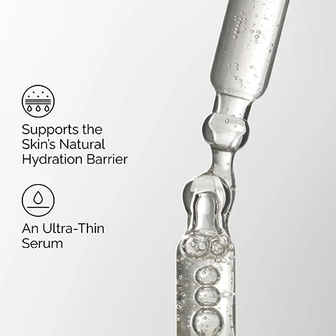 Image 1 - The image features a glass dropper filled with a clear, bubbly serum on the right, alongside text on the left that reads Supports the Skins Natural Hydration Barrier and An Ultra-Thin Serum, each paired with an illustrative icon. Image 2 - A close-up of a persons face with brown skin and a finger touching a hydrated cheek, next to three white text boxes that read Hydrates, Lightweight, and Barrier Support, each with an icon. Image 3 - An image detailing the key ingredients and benefits of Amino Acids + B5, showing clear liquid droplets on a white background with text that reads Key ingredients in Amino Acids + B5: Amino Acids Hydrate and reinforce the skin barrier. Pro-Vitamin B5 Supports the skin barrier. Image 4 - The image shows three The Ordinary skincare products, a grey tube for cleansing, an amber dropper bottle for treating, and another grey tube for sealing, displayed as a regimen for dry skin with the text A regimen for dry skin. PREP Squalane Cleanser Cleanses skin and removes makeup. TREAT Amino Acids + B5 Hydrates skin with an ultra-thin serum formula. SEAL Natural Moisturizing Factors + PhytoCeramides Rich, nourishing moisturizer to strengthen the skin barrier. Each product also has the text Clinical Formulations with Integrity.