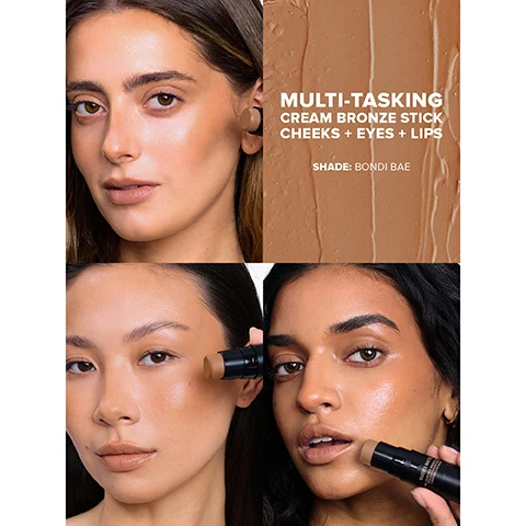 Image 1 - Image shows three women demonstrating the use of a cream bronze stick makeup product, with the text MULTI-TASKING CREAM BRONZE STICK CHEEKS + EYES + LIPS and SHADE: BONDIA BAE displayed prominently.
Image 2 - Three women showcase the use of a multi-tasking cream bronze product on their cheeks, eyes, and lips, with text reading MULTI-TASKING CREAM BRONZE and ALL OVER FACE COLOR.
Image 3 - A model with dark, wavy hair is applying a cream bronzer stick on her face, with text labels pointing to areas on her face, highlighting Eyes + Temple, Cheeks + Jaw, and featuring the words MINIMALIST MULTI-TASKING MAKEUP at the bottom, along with product description details.
Image 4 - Image of a skincare product with stacked sections displaying different components, including labels for moisturizing ingredients and benefits like soft blurring and oil-absorbing, with visible text stating SKIN-LOVING MAKEUP THATS ALL YOU, and a note on being clean, vegan, and cruelty-free.
Image 5 - A split image shows a woman with natural makeup on the left labeled BEFORE and the same woman with enhanced makeup on the right labeled AFTER with the product displayed, featuring the text EASY NUTE BRONZE and SHADE: BEACH BABE.
Image 6 - Three arms are shown side by side displaying swatches of various lip colors in a range of shades, with visible text labels for each shade including Boho Babe, Termarotta Tan, Deep Maple, Beach Babe, Sun-kissed, Sun-kissed Cool, and Bonny Belle.
Image 7 - Image shows three cylindrical makeup sticks in varying shades, with descriptive text including THE BRONZE, BLONZE & BRONZETOUR STICK For Cheeks + Eyes + Lips On the Go, EASY TO BLEND, LONG WEARING, and RICH COLOR PAYOFF.
Image 8 - Image featuring two rows of foundation or makeup shades with labels; the left side labeled BLONZER includes shades named Sunkissed, Sunkissed Cool, and Beach Babe, while the right side labeled BRONZER includes shades named Bondi Bae, Bondi Belle, Deep Maple, Eh, and Terracotta Tan.
Image 9 - Image of a black reusable tin containing a NUDESTIX product, with a mirror beside it, and text promoting sustainability and recycling options. Visible text includes: SAVE A TIN! JOIN A SMALL MOVEMENT & MAKE A BIG DIFFERENCE, REUSE YOUR TIN: Organize your products & touch up makeup on the go, RECYCLE WITH US: Tinplate is the most infinitely recyclable material in the world, that can be recycled into useful industrial products. *RECYCLE BASED ON YOUR LOCAL RECYCLING PROGRAM.