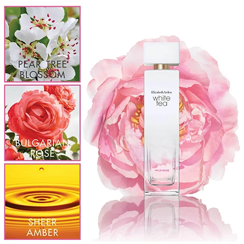 Image 1 - A perfume bottle titled White Tea by Elizabeth Arden is centered, surrounded by images of flowers including pear tree blossoms and Bulgarian roses, with a golden liquid representing sheer amber at the bottom.
Image 2 - A promotional image featuring a black and white photograph of a woman with long hair looking at the camera, surrounded by pink flowers, with text that reads Elizabeth Arden white tea and find your moment next to a bottle of perfume.