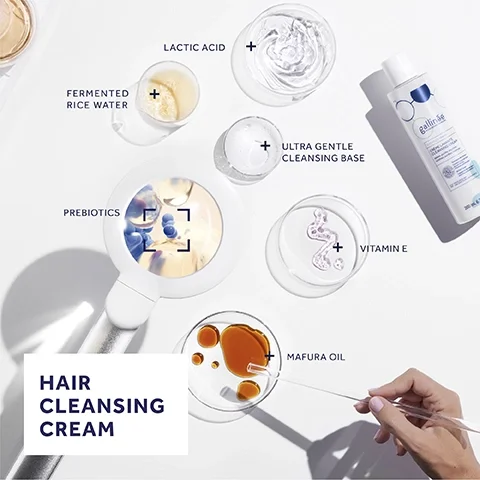 An arrangement of skincare ingredients on a white surface includes containers of fermented rice water, lactic acid, ultra gentle cleansing base, vitamin E, and Mafura oil, with a magnifying glass showing prebiotics, and the text HAIR CLEANSING CREAM prominently displayed.