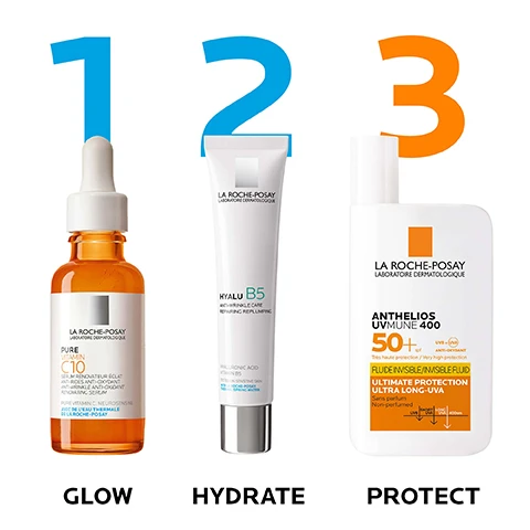 Image 1 - Image showing three skincare products from La Roche-Posay, labeled with the numbers 1, 2, and 3 above each; the first product is a vitamin C serum titled PURE VITAMIN C10, the second is a cream labeled HYALU B5 ANTI-WRINKLE CARE REPAIRING REPLUMPING, and the third is a sunscreen labeled ANTHELIOS UVMUNE 400 50+ ULTIMATE PROTECTION ULTRA LONG UVA.
Image 2 - A person in a white lab coat is partially visible against a light blue background, with text that reads No. 1 DERMATOLOGIST RECOMMENDED SKINCARE BRAND IN THE UK* and a footnote stating Study of 74 Consultant Dermatologists Jan-May 2022.
Image 3 - An image showcasing a bottle of La Roche-Posays Pure Vitamin C10 Serum in front of a gradient of skin tones, with the text PURE VITAMIN C10 SERUM and SUITABLE FOR ALL SKIN TYPES.
Image 4 - A bottle of La Roche-Posay Pure Vitamin C10 serum with a dropper next to step-by-step instructions that read apply after cleansing and fill dropper with serum and apply 3-4 drops on face and neck.