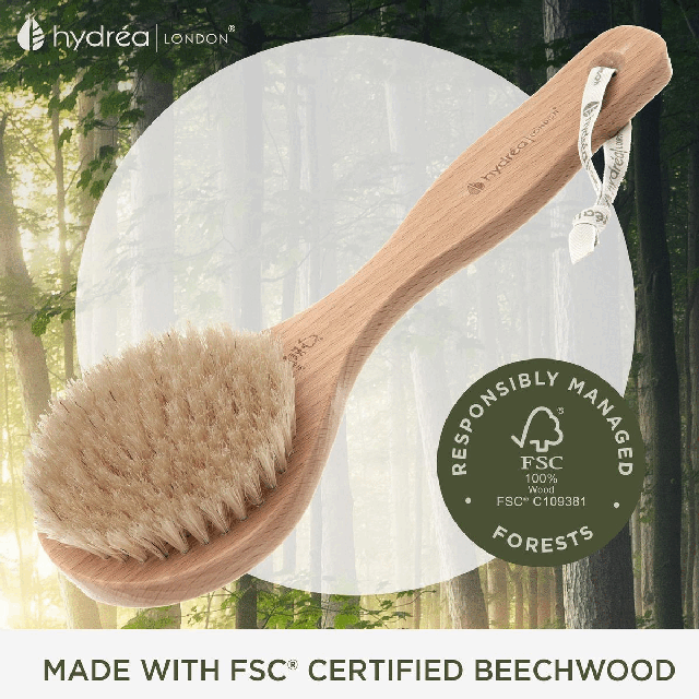 Image 1, made with fsc beechwood. Image 2, benefits. Image 3, perfect for dry brushing. Image 4-5, benefits.